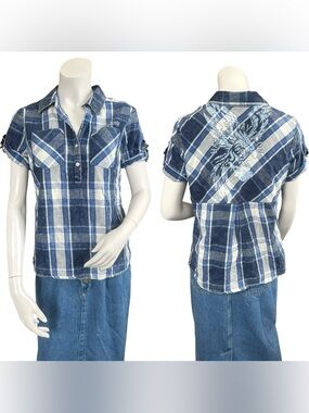 Harley Davidson Womens Blue White Plaid Cuffed Short Sleeve Logo Biker Blouse